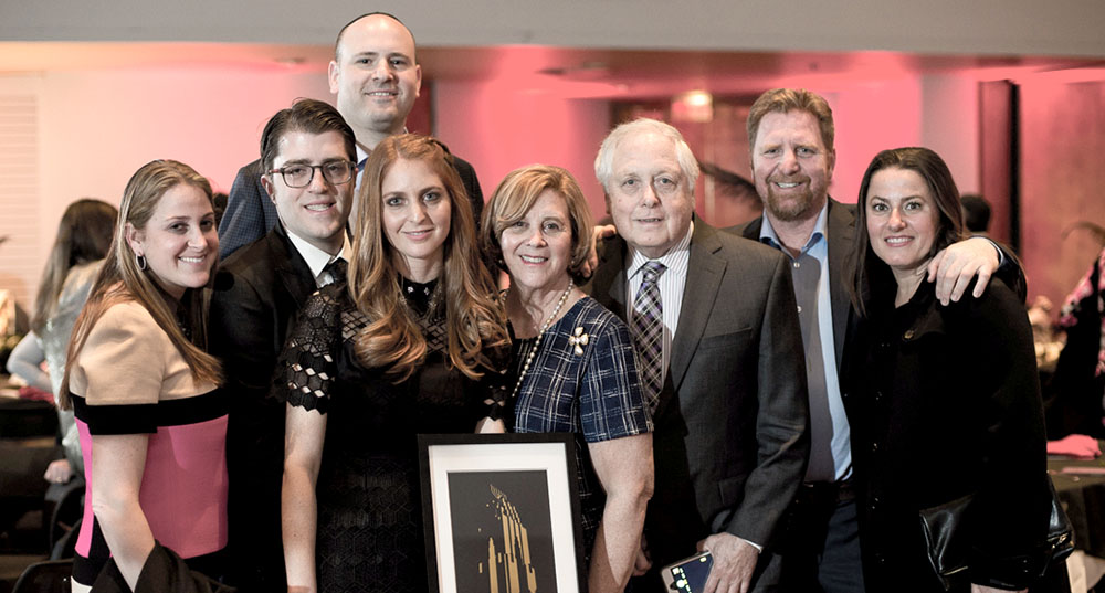 Attendees at the B’nai-David Judea 69th annual dinner include (from left) Danielle Kupferman, David Kasirer, Steven Kupferman, honoree Rachel Kasirer, and Tammy, Ben, Ethan and Coralia Lesin. Photo by Laura Casner Photography.
