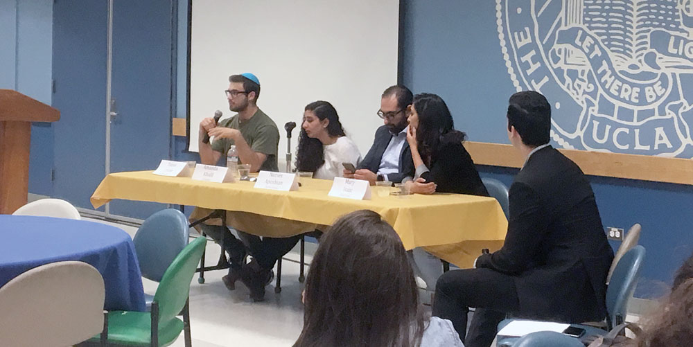 From left: Daniel Levine, Amanda Khalil, Nerses Aposhian, Mary Isaac and Darion Ouliguian participated in a panel titled “Indigenous People Unite.” Photo by Mati Geula Cohen