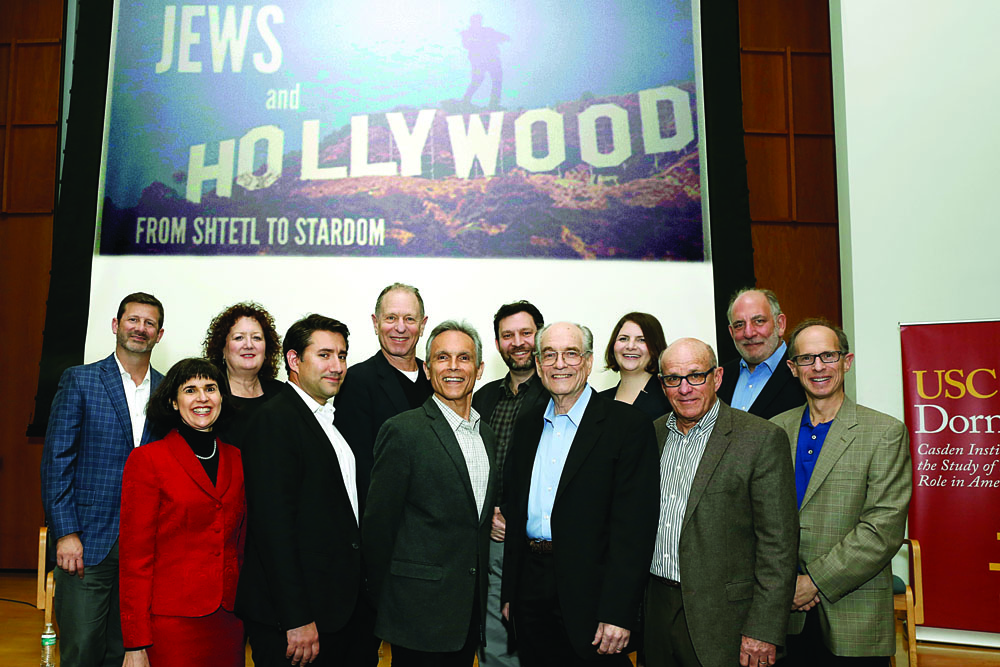 From left, back row: Steve Gamer, Rabbi Susan Nanus, Steve Ross, Josh Moss, Shaina Hammerman and Dan Rothblatt, and from left, front row: Susan Mattisinko, Ross Melnick, Michael Renov, Vince Brook, David Isaacs and Lew Groner attend “From Shtetl to Stardom: Jews and Hollywood,” a discussion at Wilshire Boulevard Temple. Photo by Steve Cohn/USC