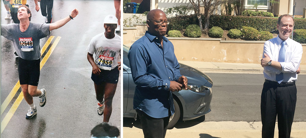 Left: Adam Schiff and his friend and former Harvard Law School classmate Karl Thurmond cross the finish line at the 1990 Los Angeles Marathon. Below: Nearly 30 years after running the marathon, the two appeared together at Thurmond’s Westwood home in March. Schiff spoke before 50 of his supporters and discussed the Trump administration, the future of the Democratic Party and more.