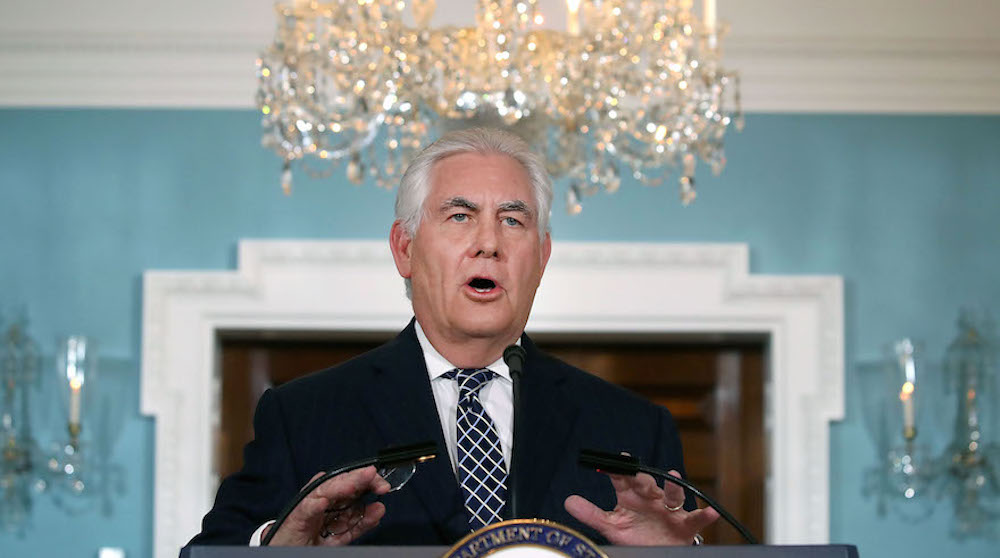 Secretary of State Rex Tillerson speaking about Iran and North Korea at the State Department in Washington, D.C., on April 19. Photo by Mark Wilson/Getty Images