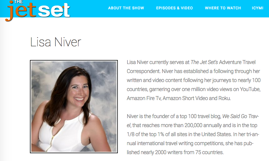 Lisa Niver is The Jet Set TV Adventure Correspondent