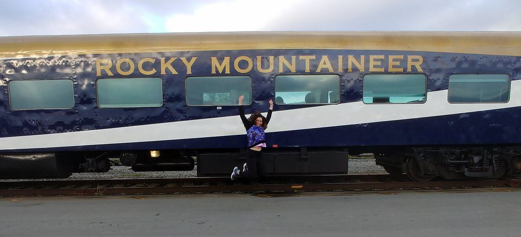 Lisa Niver JUMPING Rocky Mountaineer train