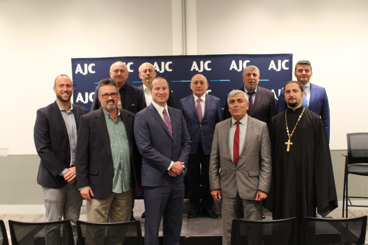 Multifaith delegation from Azerbaijan together with Azerbaijan's Consul General Nasimi Aghayev, AJC-San Francisco regional director Matt Kahn and Rev. Will McGarvey at the Commonwealth Club in San Francisco